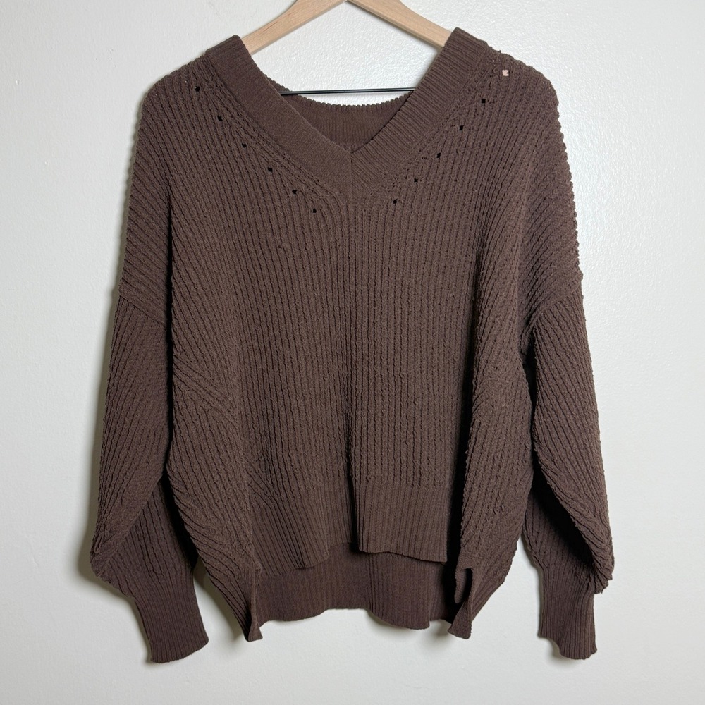 Aerie Brown Oversized Shaker Knit V-Neck Pullover Sweater Recycled Polyester S‎